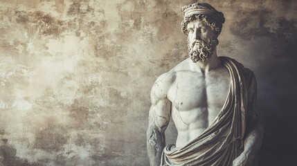  Full-body marble statue of a powerful Roman or Greek god with beard and muscular physique against a textured wall. Symbol of strength and classical mythology