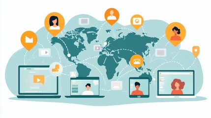 Poster - Global Connectivity and Communication Concept, Featuring Multiple Devices, Users, and Social Media Icons Over a World Map for Digital Interaction Themes