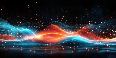 Vibrant Abstract Light Waves with Glowing Particles in Dark Background, Representing Energy Flow and Digital Movement for Creative Designs and Modern Technology Concepts