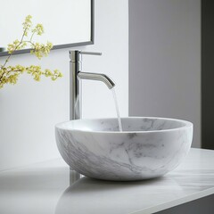 Marble vanity with a round vessel sink and waterfall faucet, artistic design, modern, unique