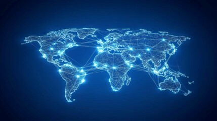 Aufkleber - Digital World Map Illustration Depicting Global Connectivity Through Neon Lines and Nodes Representing Communication and Network Technology Across Continents