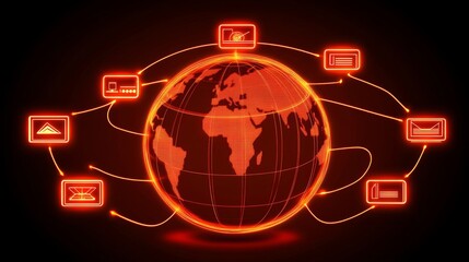 Aufkleber - Futuristic Concept of Global Connectivity with Digital Icons Surrounding an Illuminated Earth Globe Signifying Technology and Communication Innovations Worldwide