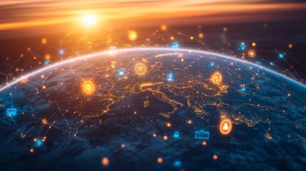 Leinwandbilder - Aerial View of Europe at Night with Digital Network Connections and Glowing Icons Representing Technology and Global Communication Under a Sunset Sky