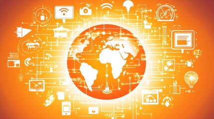 Aufkleber - Vibrant Orange Digital Planet with Connected Icons Representing Technology, Communication, and Global Networks in a Modern World