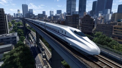 Aufkleber - High-Speed Train Gliding Through Urban Landscape with Tall Buildings and Clear Blue Sky, Showcasing Modern Transportation and City Life
