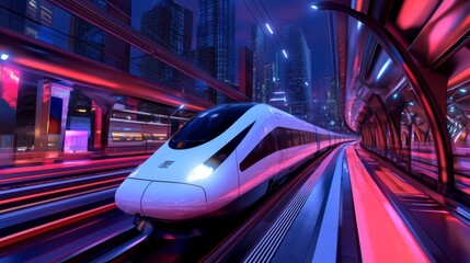 Aufkleber - Futuristic High-Speed Train Traveling Through Neon Cityscape with Skyscrapers and Vibrant Lights at Dusk, Showcasing Advanced Technology and Modern Transportation Design