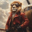 © aritha - A lion in aviator goggles and a red jacket stands in front of an airplane.