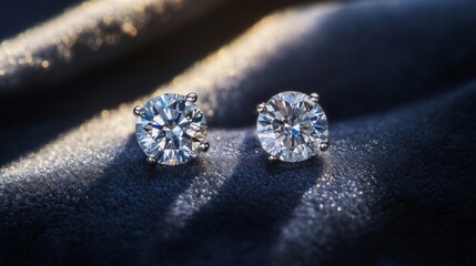 Aufkleber - Dazzling Round Cut Diamond Earrings Sparkle Elegantly on Soft Velvet Fabric in Beautiful Natural Light Setting, Capturing Luxury and Glamour Perfectly