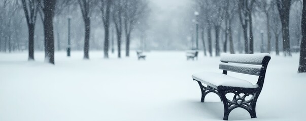 Sticker - Winter storm blizzard warning, A serene winter scene with snow-covered benches and trees, creating a peaceful, quiet atmosphere in a park.