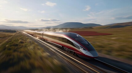 Poster - High-Speed Train Traveling Through Scenic Countryside Landscape with Mountains and Open Fields Under Blue Sky and Wispy Clouds