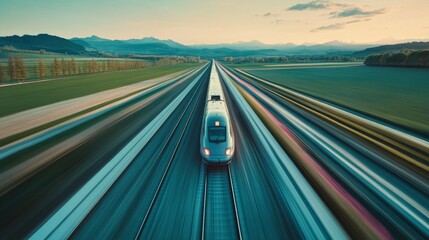 Poster - High-Speed Train Racing Through Scenic Landscape with Rolling Hills and Vibrant Skies, Capturing the Essence of Modern Travel and Nature's Beauty