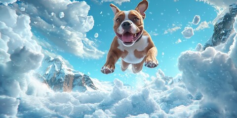 Canvas Print - Pet in snowy mountain landscape concept. A joyful dog leaps through fluffy snow under a bright blue sky, capturing a moment of pure happiness in a winter wonderland