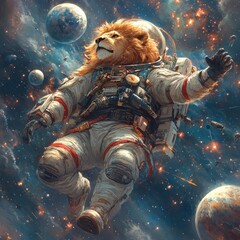 Wall Mural - A lion wearing a spacesuit floats in space, surrounded by stars, planets, and debris.