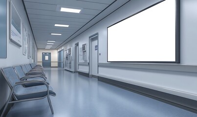 Wall Mural - A mockup of an empty white poster on the wall in modern hospital waiting room with comfortable chairs and medical equipment. empty white blank poster on white wall in hospital, white board.