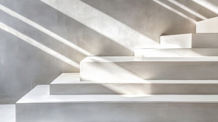Aufkleber - Modern Minimalist Staircase in Bright Natural Light Showcasing Clean Lines and Soft Shadows on a Textured Concrete Wall for Architectural and Interior Design Aesthetics