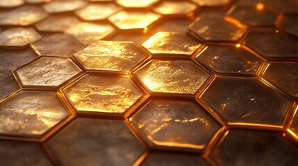 Poster - Abstract close-up of textured honeycomb pattern with glowing golden hexagons reflecting light in a creative background design for modern aesthetics