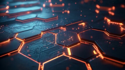 Poster - Abstract futuristic hexagon background with glowing elements and intricate patterns, ideal for technology, digital media, and innovation themes in stock imagery.