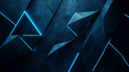 Poster - Abstract geometric background with illuminated lines and dark textured surface, featuring dynamic shapes and vibrant blue tones to create a futuristic aesthetic