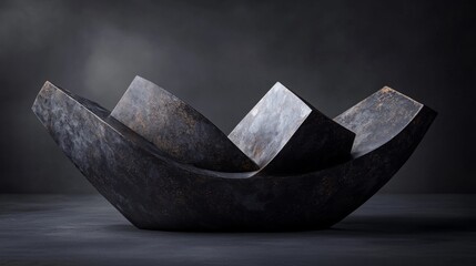 Poster - Modern Abstract Art Sculpture in Dark Tones with Textured Surfaces and Dynamic Angular Forms, Ideal for Contemporary Interior Design and Artistic Displays