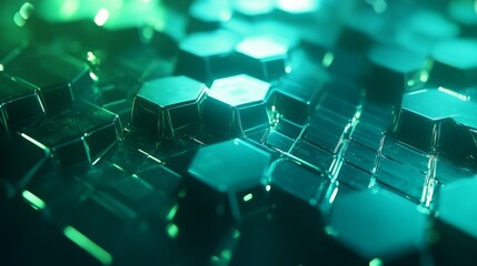 Aufkleber - Abstract Close-up of Glowing Hexagonal Shapes Creating an Intriguing Pattern with Reflective Surfaces and Vibrant Green Lighting in a Futuristic Setting