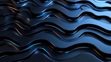 Aufkleber - Abstract close-up of a dynamic wavy surface with smooth contours, showcasing sleek black textures intertwined with luminous blue highlights for modern design concepts