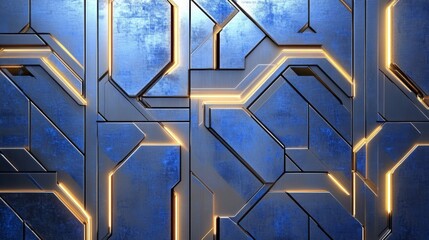 Aufkleber - Futuristic Metallic Wall Design Featuring Geometric Patterns and Soft Glowing Lines in a Vibrant Blue Color Scheme for Modern Interior Decor Projects