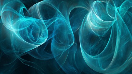 Fototapete - Ethereal Blue Swirls and Waves on Dark Background, Abstract Art with Vibrant Curves and Fluid Patterns Representing Motion and Light in Modern Decor