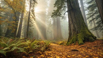 Poster - Sunbeams Pierce Through Ancient Redwood Forest at Dawn Illuminating Nature's Beauty. Generative AI