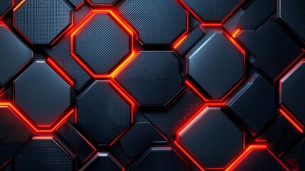Poster - Futuristic Abstract Background with Glowing Neon Accents Featuring a Pattern of Hexagonal Shapes and Textures in Dark Tones Suitable for Tech and Design Projects