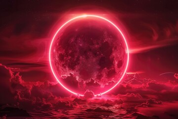 Wall Mural - circle the globe. abstract bright red neon light circle in the night sky