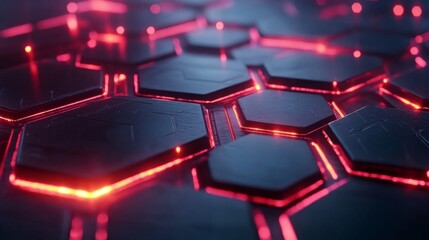 Poster - Futuristic Hexagonal Pattern with Glowing Edges, High-Tech Design in Dark Background, Abstract Geometric Structure for Modern Digital Aesthetics