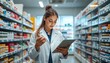 © Ruslan Gilmanshin - Female pharmacist using a digital tablet to check inventory in a well-stocked pharmacy, focusing on medication accuracy and customer care