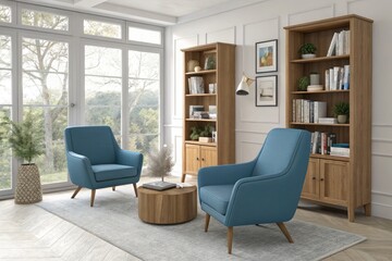 Sticker - Stylish Modern Living Room Featuring Blue Chairs and Wooden Shelves for a Cozy Vibe. Generative AI