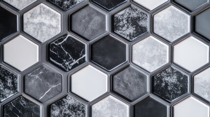 Poster - Modern Hexagonal Tile Mosaic Featuring Black, White, and Grey Shades with a Glossy Finish Ideal for Contemporary Interior Design Projects