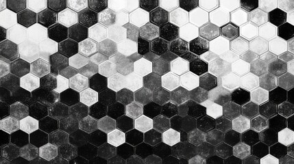 Poster - Black and White Hexagonal Mosaic Pattern with Varying Shades and Textures for Stylish Home Decor and Modern Interior Design Elements