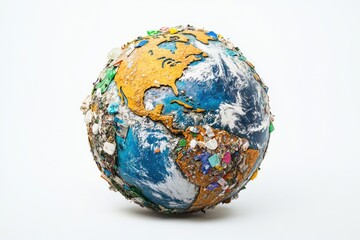 close-up view of a globe with trash and debris covering its surface, highlighting environmental poll