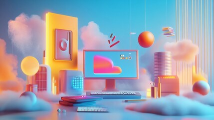Canvas Print - a computer with a cloud icon on the screen is sitting on a desk surrounded by colorful 3d shapes and