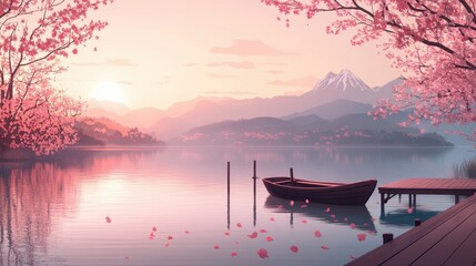 Wall Mural - Serene lake scene with cherry blossoms misty mountains and sunset glow