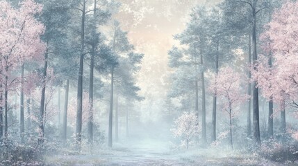 Wall Mural - Pastel dawn colors forest cherry blossoms and trees glow in morning mist