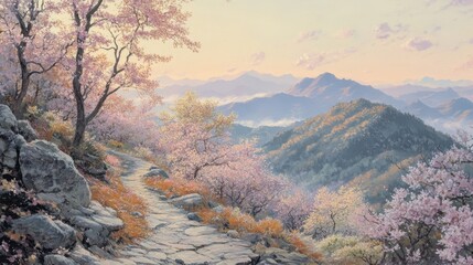 Wall Mural - Soft morning glow over hillside pastel maples and path to distant mountain