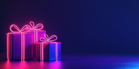 Wall Mural - Neon glowing gift boxes on dark background