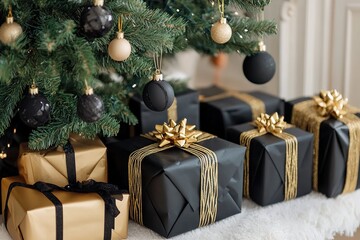 elegant black and gold gift boxes under festive tree