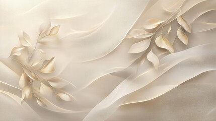 Wall Mural - Minimal abstract shapes in beige and gold delicate botanicals textured background with glowing light accents