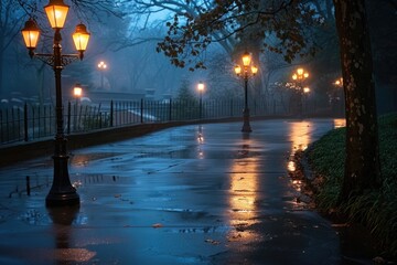 Wall Mural - A solitary street light stands out on a rainy night in a peaceful park