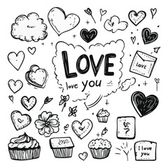 Sticker - Vector doodle-style Valentine's Day clipart, black and white vector illustration of love elements.