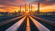 © That - An oil refinery at sunset, with pipes and storage tanks silhouetted against a glowing orange sky.