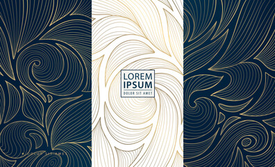 vector set of gold design flower, art deco leaves background. luxury wine, beauty, chocolate labels,