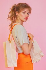 A woman holding multiple shopping bags, possibly after a shopping trip or errands