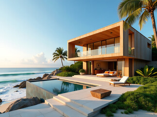 Wall Mural - Elegant oceanfront beach house featuring a modern design with light wood exterior and bold orange interiors offering a tranquil tropical escape with breathtaking ocean views