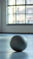 Poster - Gray pilates ball is lying on floor in fitness studio with big window in the background, representing healthy lifestyle and wellness